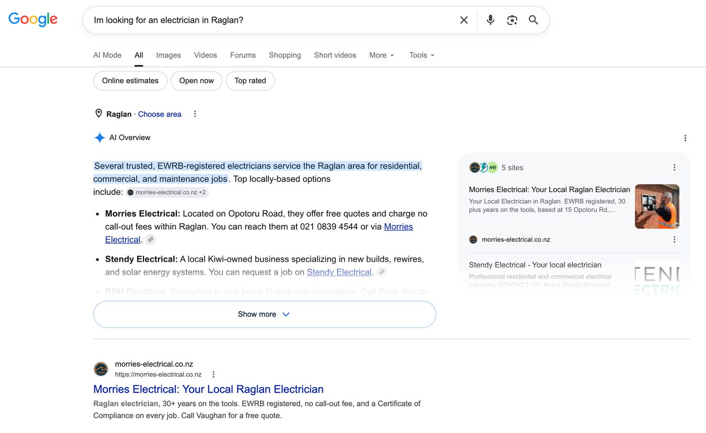 Google search results for an electrician in Raglan, captured 2 July 2026: the AI Overview names Morrie's Electrical first with their phone number, and morries-electrical.co.nz is the number one ordinary result below it
